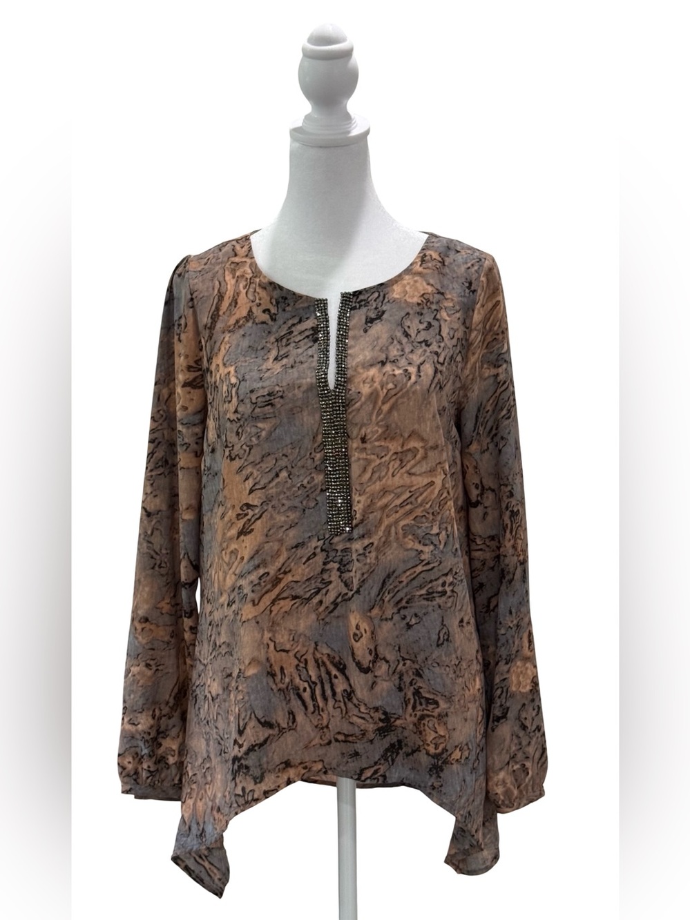 Juicy Couture Watercolor Chiffon Blouse Rhinestone Bling Split Neck Hi-Low Small